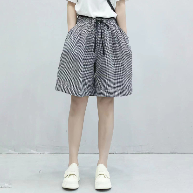 (Linen Plaid Shorts) Spring and Summer Casual Sports Black and White Plaid Fashion Versatile Korean Style Loose Shorts H