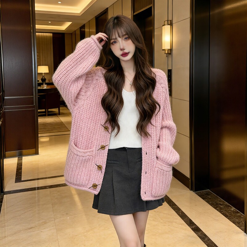 2026 Early Spring French Sweet Style Pink Sweater Cardigan for Women, Loose Fit, Age-Reducing, Lazy Style, Chunky Knit Thick Coat