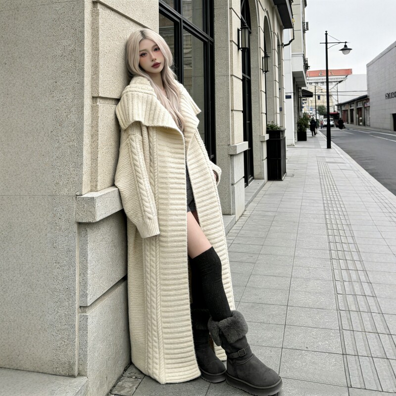 Lazy Style Large Lapel Cable Knit Long Cardigan for Women, Loose Slimming Sweater Coat, Thick Wool Coat