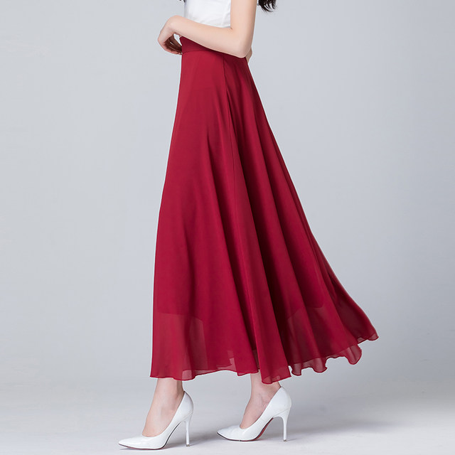 Pleated skirt summer new all-match high waist solid color chiffon mid-length skirt elegant big swing beach holiday dress