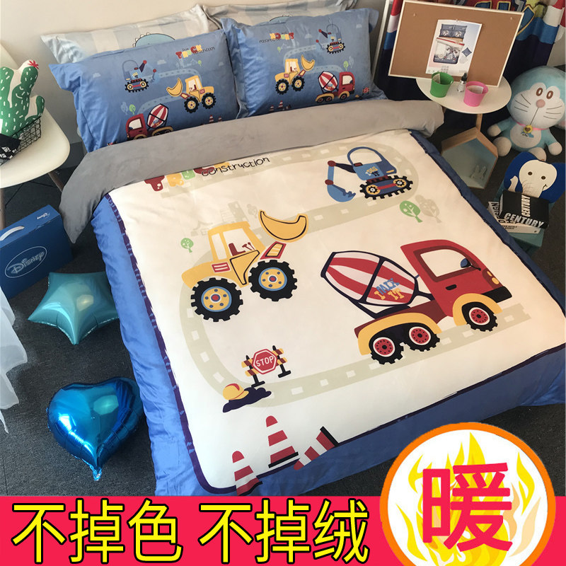 Baby velvet children's cartoon four-piece set boy car engineering car milk velvet coral plus velvet thickened to keep warm in winter