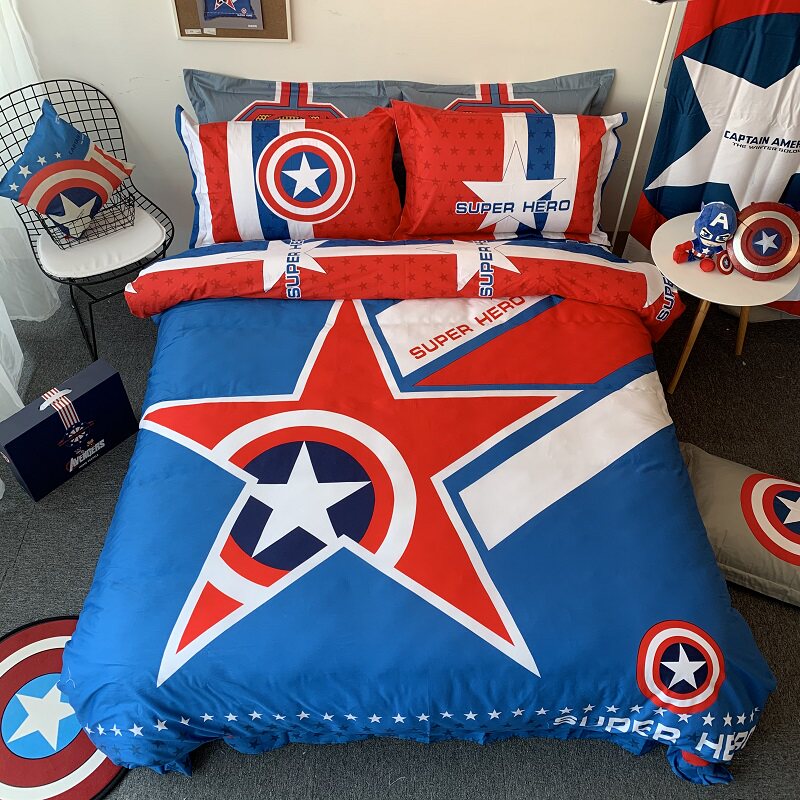Cotton cartoon four-piece set children's pure cotton quilt cover fitted sheet boy Captain America hero anime bed three-piece set