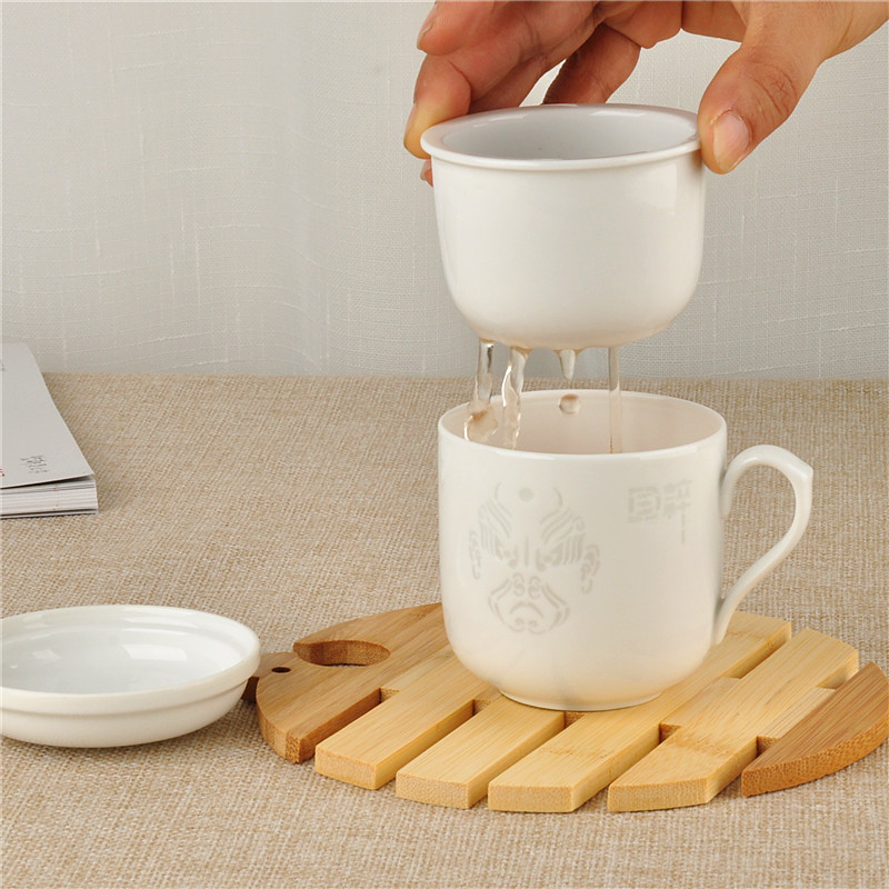 Ceramic teacup Three-piece filter office cup Pure white exquisite carved water cup for men and women small mini cup