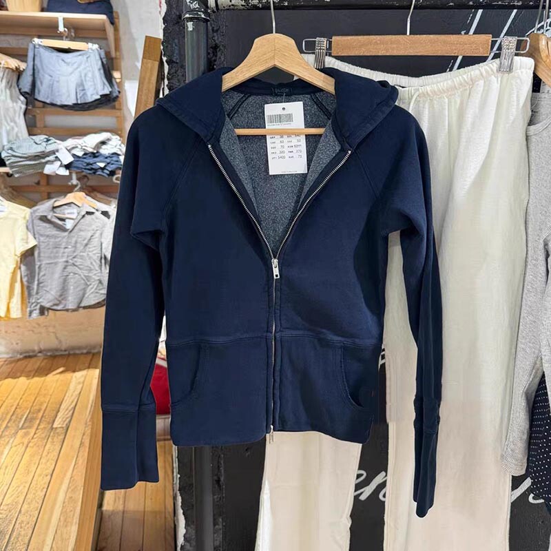 Brandybm Navy Blue Hooded Sweatshirt Jacket for Women Bm Autumn and Winter New Slim Fit Double Zipper Cardigan Top