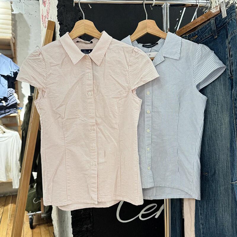 Bm Summer Polo Collar Flutter Sleeve Striped Short-Sleeve Shirt Women's Slim-Fit Button-Up Waist-Cinching Top Women's Rue Top Bm Summer Polo Collar Flutter Sleeve Striped Short-Sleeve Shirt Women's Slim-Fit Button-Up Waist-Cinching Top Women's Rue Top