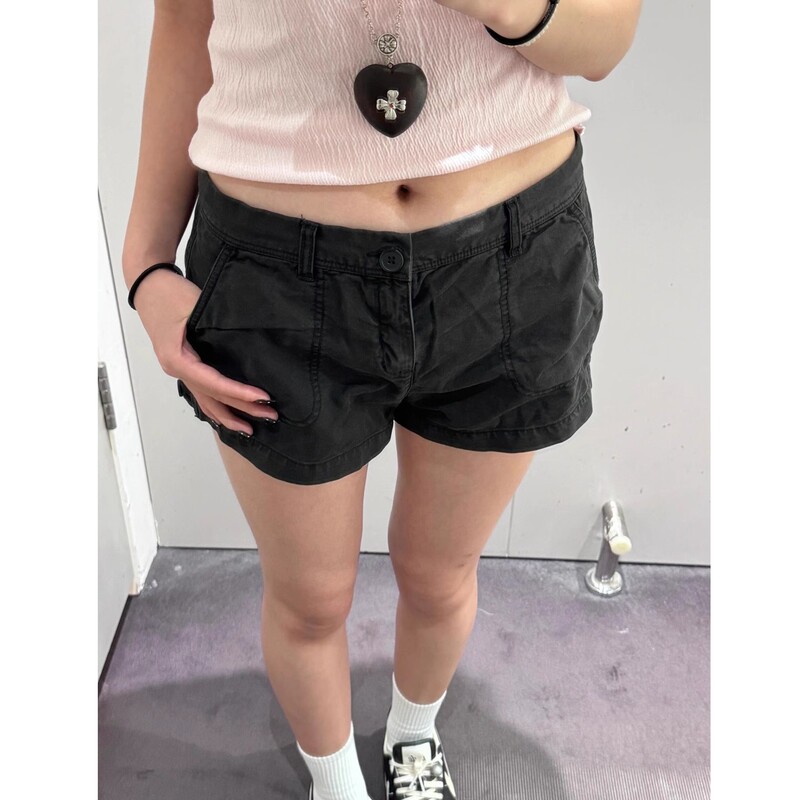 Brandybm Black American-Style Low-Waist Workwear Denim Shorts for Women Bm2025 Summer Stunning Hot Girl Drawstring Hot Pants