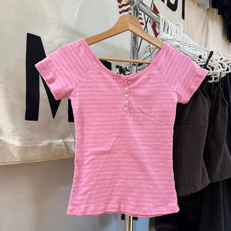 Bm Rose Pink Barbie Pink Striped Short-Sleeve T-Shirt for Women, Bm Summer Five-Button Round Neck Slim-Fit Cotton Top Bm Rose Pink Barbie Pink Striped Short-Sleeve T-Shirt for Women, Bm Summer Five-Button Round Neck Slim-Fit Cotton Top