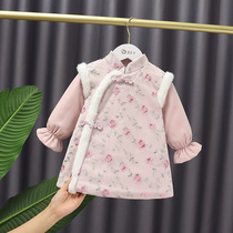 Child Skirt Girl Pink Shatter Princess Dress Winter Embroidered National New Year Plus Suede Pan Button Don Dresses Ancient Dress