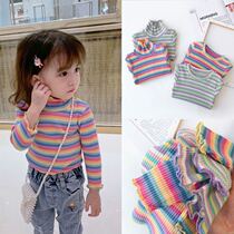  Girls  knitted stretch bottoming shirt Childrens autumn and winter striped top Autumn and winter plus velvet inner T-shirt thickened long-sleeved women