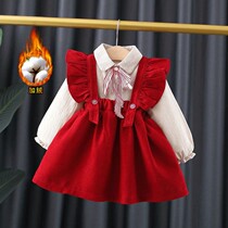 Korean version of female baby plus velvet two-piece skirt pullover foreign style childrens clothing tide new winter thickened suit princess skirt