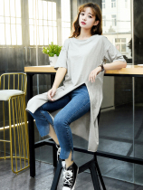 Cotton short-sleeved long skirt with breast pads for women summer slub cotton sweet dress with side slits seamless solid color cup integrated