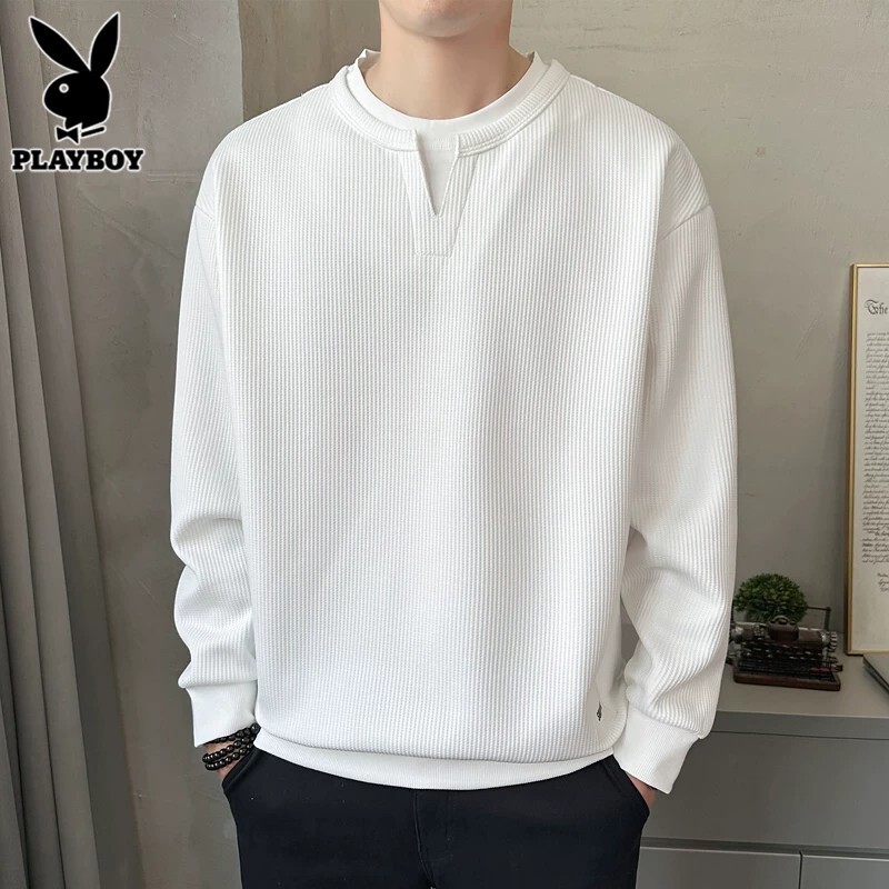 Playboy White Sweatshirt for Men, New Autumn Style, Trendy Heavyweight Waffle Fake Two-Piece Long-Sleeve T-Shirt for Men