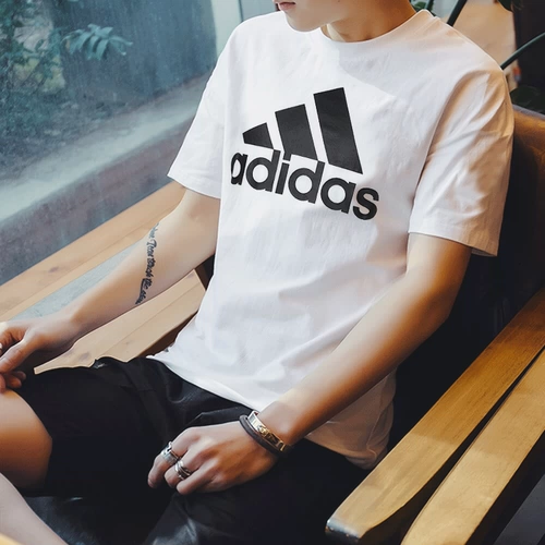 Adidas, летняя трикотажная дышащая спортивная футболка с круглым воротником для тренировок, короткий рукав, сезон 2021, с рукавом, для бега