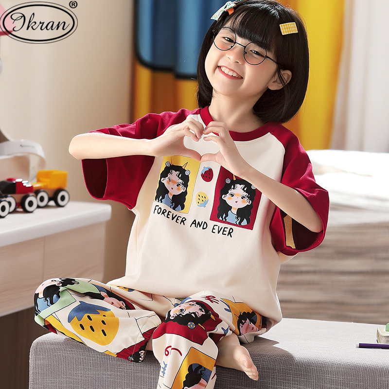 2026 New Children's Pajamas for Girls, Summer Thin Short-Sleeve Long Pants, Pure Cotton Home Wear Set for Girls and Older Children