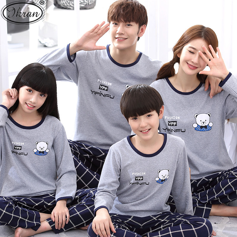 Child Sleepwear Spring Autumn Season Pure Cotton Long Sleeve Family of three females Mother-daughter Dress Men's Large Size Home Suit Suit