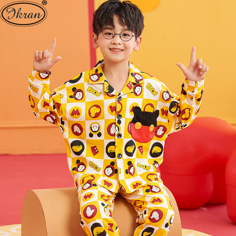 Children's pajamas boys spring and autumn cotton long sleeve cartoon boys middle children small children home wear set autumn and winter