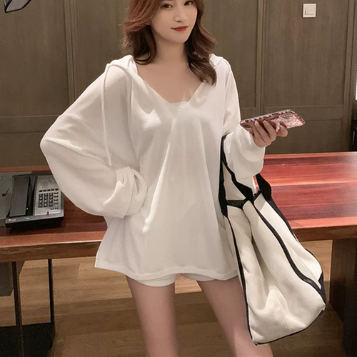 Летняя одежда для беременных с капюшоном, футболка, штаны, спортивный костюм, комплект, V-образный вырез, защита от солнца, в западном стиле