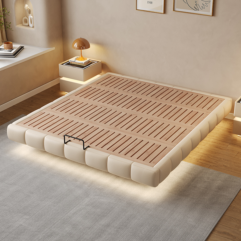 High-End Floating Bed Without Headboard, French Cream-Style Leather Bed Frame for Master Bedroom, Minimalist Modern Backless Storage Bed Frame
