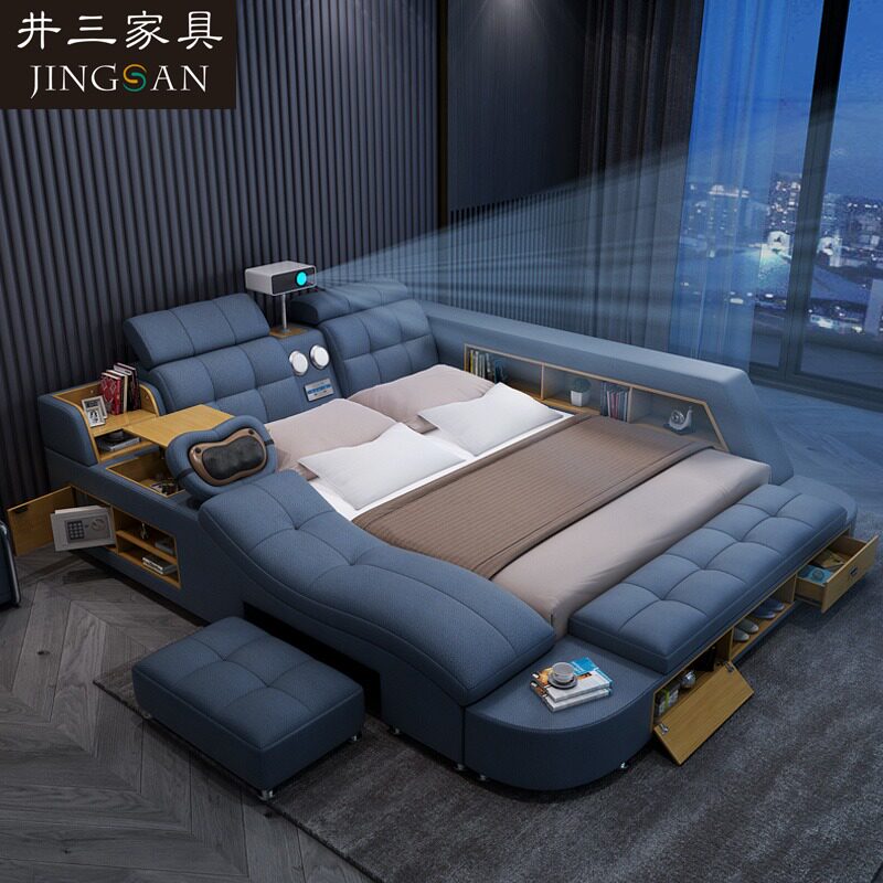 Wash-in technology cloth bed Massage tatami fabric bed Master bedroom projector large bed Modern simple multi-function wedding bed
