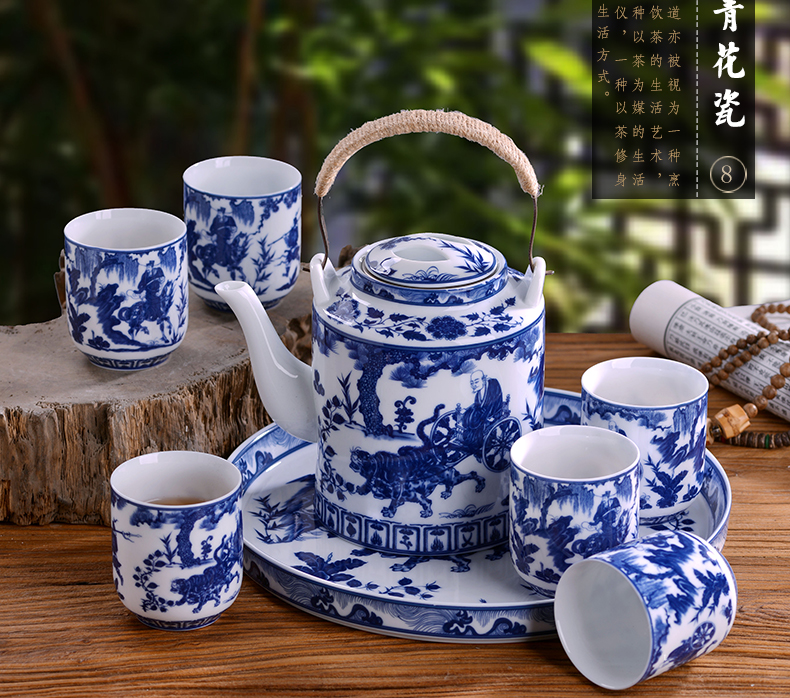 Jingdezhen ceramic tea set suits for Chinese style household large teapot girder of blue and white porcelain pot cup tea tray package