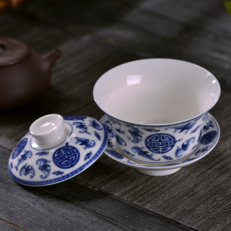 Ceramic tureen jingdezhen blue and white porcelain bowl with large thin foetus tea bowl three cups to worship the bowl bowl hand grasp pot