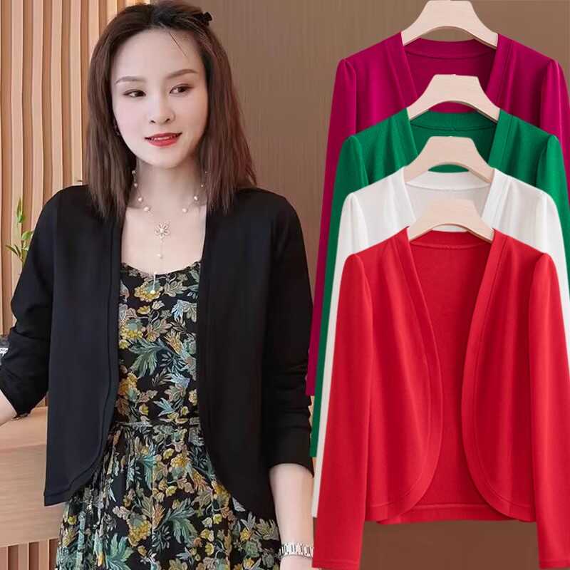 Knitted Cardigan Jacket for Women Summer Sun Protection Short Large Size Versatile Loose Long-Sleeved Air-Conditioned Room Pure Color Outer Wear Spring & Fall Knitted Cardigan Jacket for Women Summer Sun Protection Short Large Size Versatile Loose Long-Sleeved Air-Conditioned Room Pure Color Outer Wear Spring & Fall