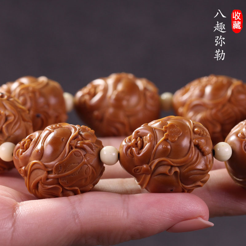 Zhoushan Su Gong famous master hand-carved eight fun Maitreya Buddha 2 3 short round full olive core bracelet