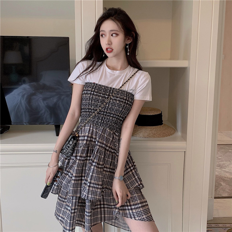 VK旗艦店 韓系性感一字領格紋平口高腰無袖洋裝