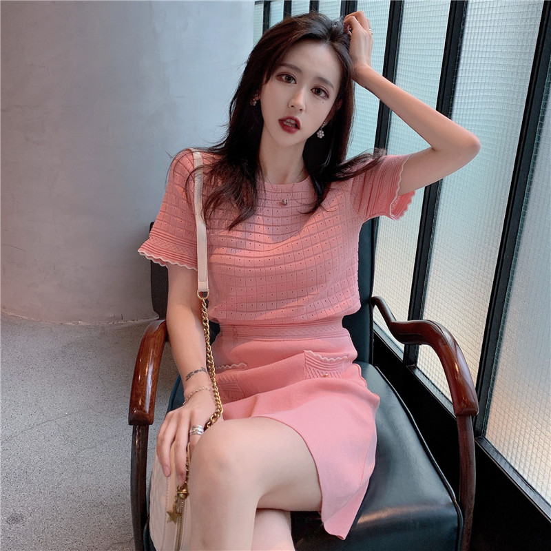 VK旗艦店 韓系復古名媛針織鏤空套裝短袖裙裝