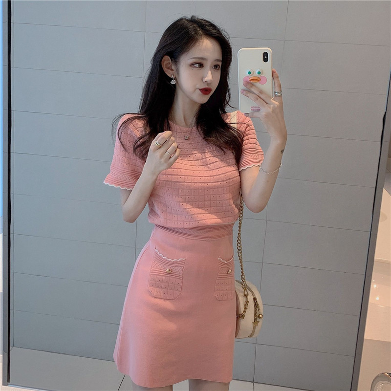 VK旗艦店 韓系復古名媛針織鏤空套裝短袖裙裝
