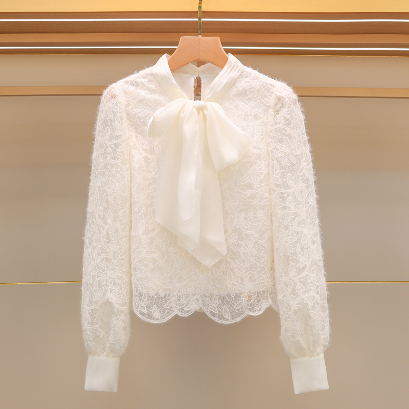 [in Stock] French-Style Lace White Shirt 2026 Spring New Women's Bow-Tie Blouse Top