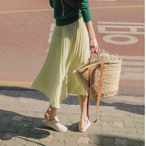 Mid skirt, A-line skirt, sweet pleated skirt, solid color skirt