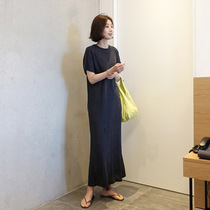 (Korea) Womens new round neck short sleeve long H-shaped straight loose linen dress G3242