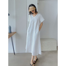 LSD design full linen light structure V-neck stitching line natural and casual double-layer loose short-sleeved dress Paper Man