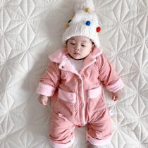 Baby childrens one-piece clothes baby down cotton clothes spring and autumn clothes set thick pajamas autumn and winter thick out to keep warm