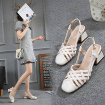 Large size Baotou Sandals Women Summer 41-43 Fat Joker Hollow Hollow Bold Heels hipster Small Size Women Shoes 32 33