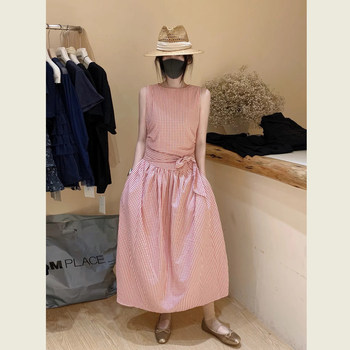 Retro ສີແດງຮອບຄໍ plaid sleeveless dress ສໍາລັບແມ່ຍິງ summer vacation style belted waist slim vest ກະໂປງຍາວ