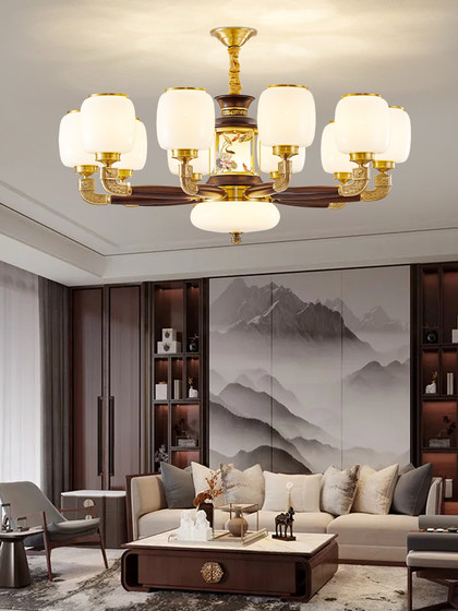 New Chinese-Style Living Room Chandelier, All-Copper and Jade, Chinese Style 2025 Goldfish High-End Villa Self-Built House Main Lighting Fixture