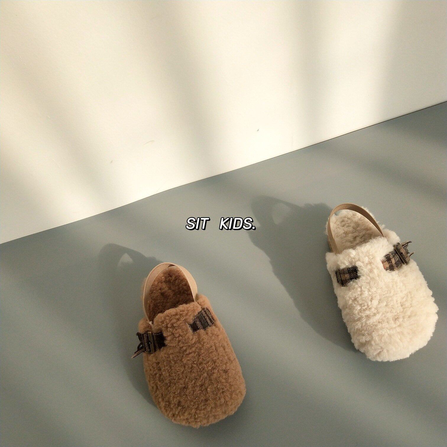 2021 Autumn Winter New Korea Children Shoes Children Hair Wool Shoes Girl Lamb Wool Slippers Girl Baotou Tug Tug Cotton Tug