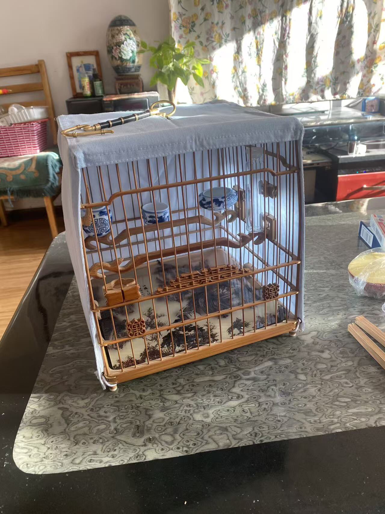 南京繡眼鳥籠小鑲頂全配留青壽字門老竹扎金線繡眼鳥籠板籠亮籠