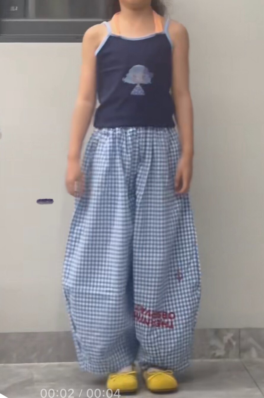 Customer photo for Blue Plaid Lantern Pants, 140cm