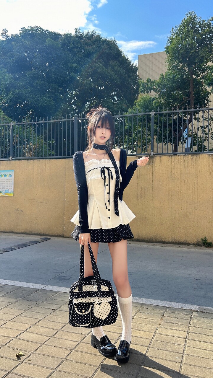 POPWEST韩女三件套 针织开衫+花边蝴蝶结吊带+波点短裙 一套搞定甜酷穿搭