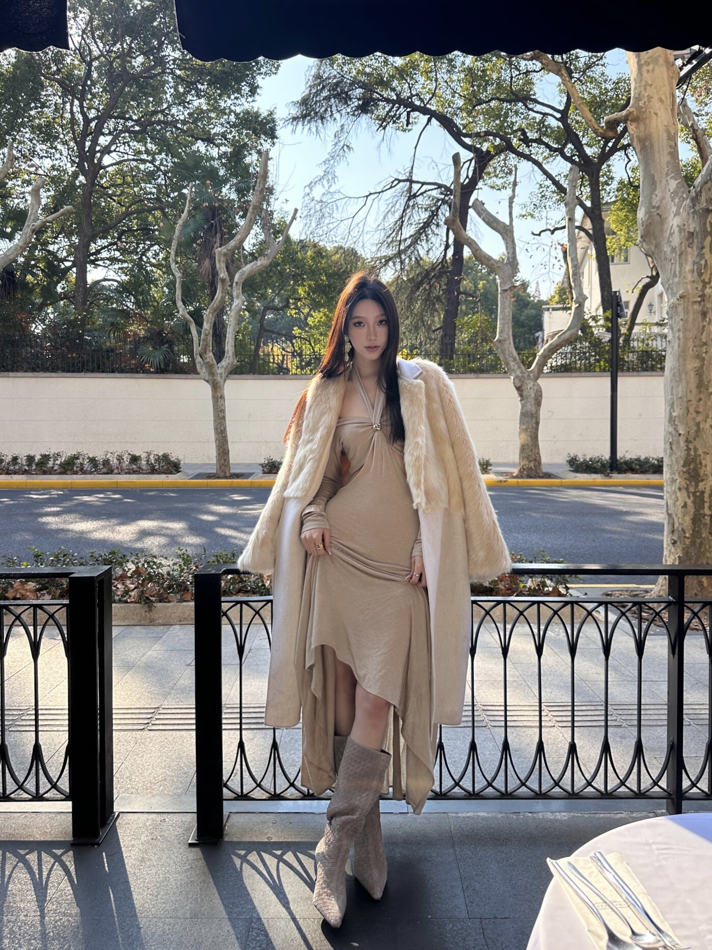 Le' Murmure冬季时尚羊反绒长筒靴堆堆设计慵懒随性 高跟拉长腿部比例