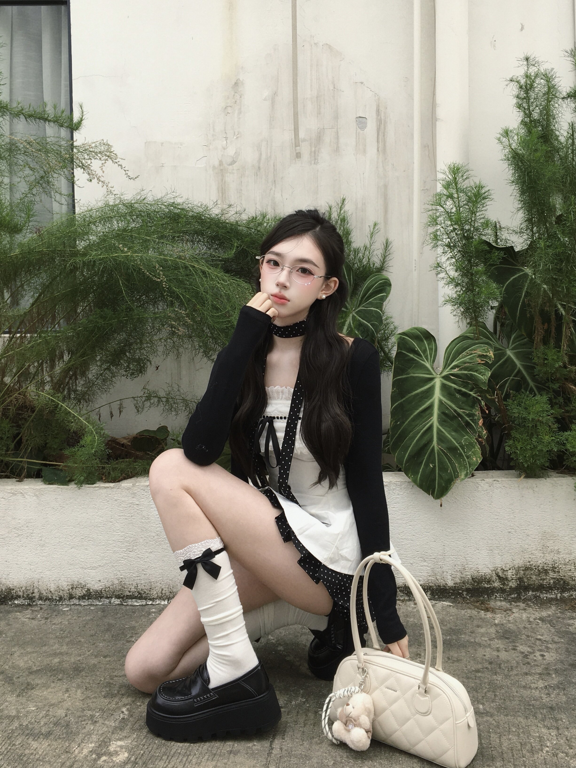 POPWEST韩女三件套 针织开衫+花边蝴蝶结吊带+波点短裙 一套搞定甜酷穿搭