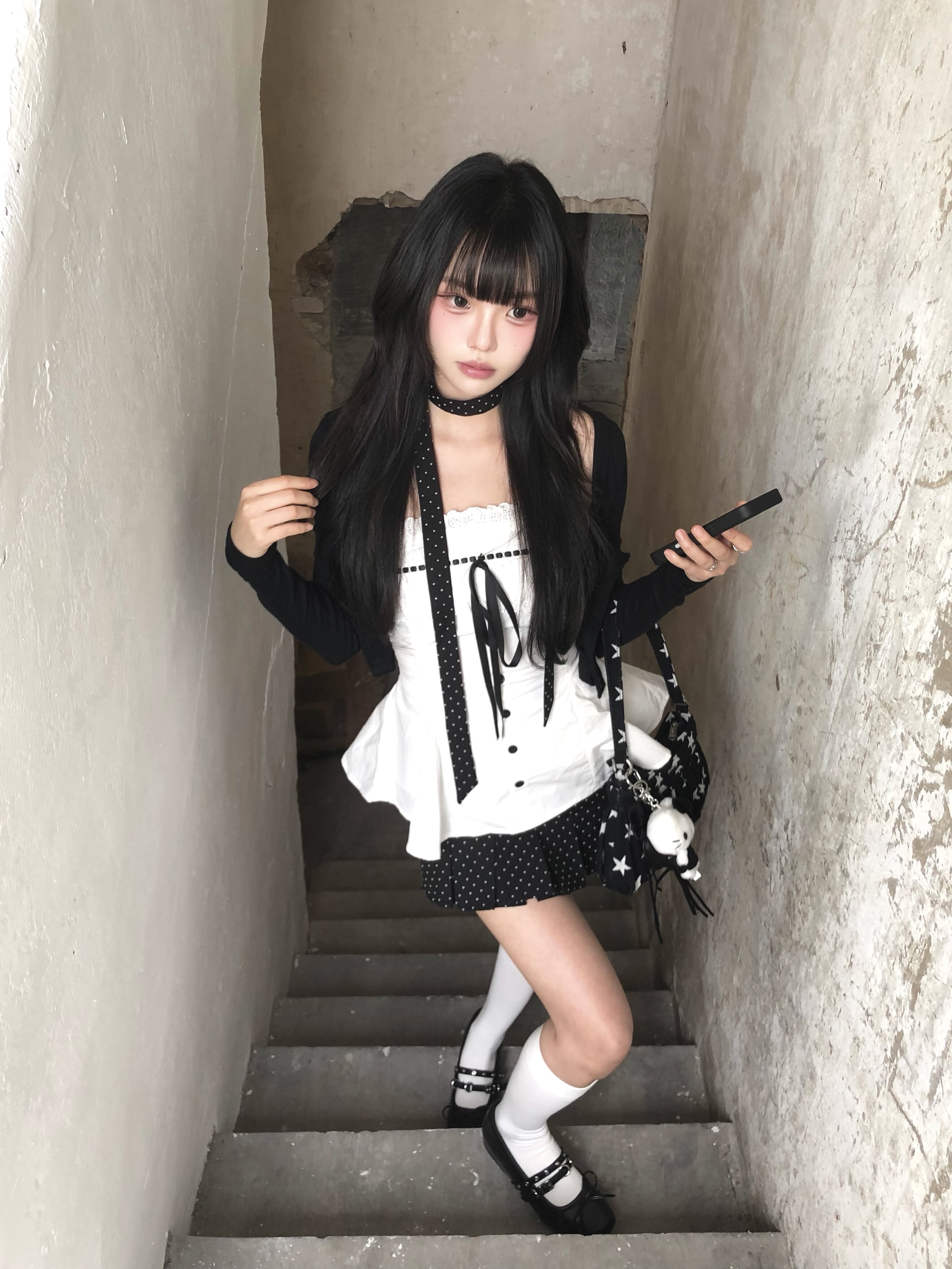POPWEST韩女三件套 针织开衫+花边蝴蝶结吊带+波点短裙 一套搞定甜酷穿搭