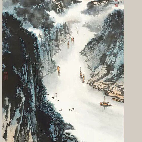宋文治山水画复制品轻舟已过万重山画作国画仿古画挂画装饰摩登黑铝合金