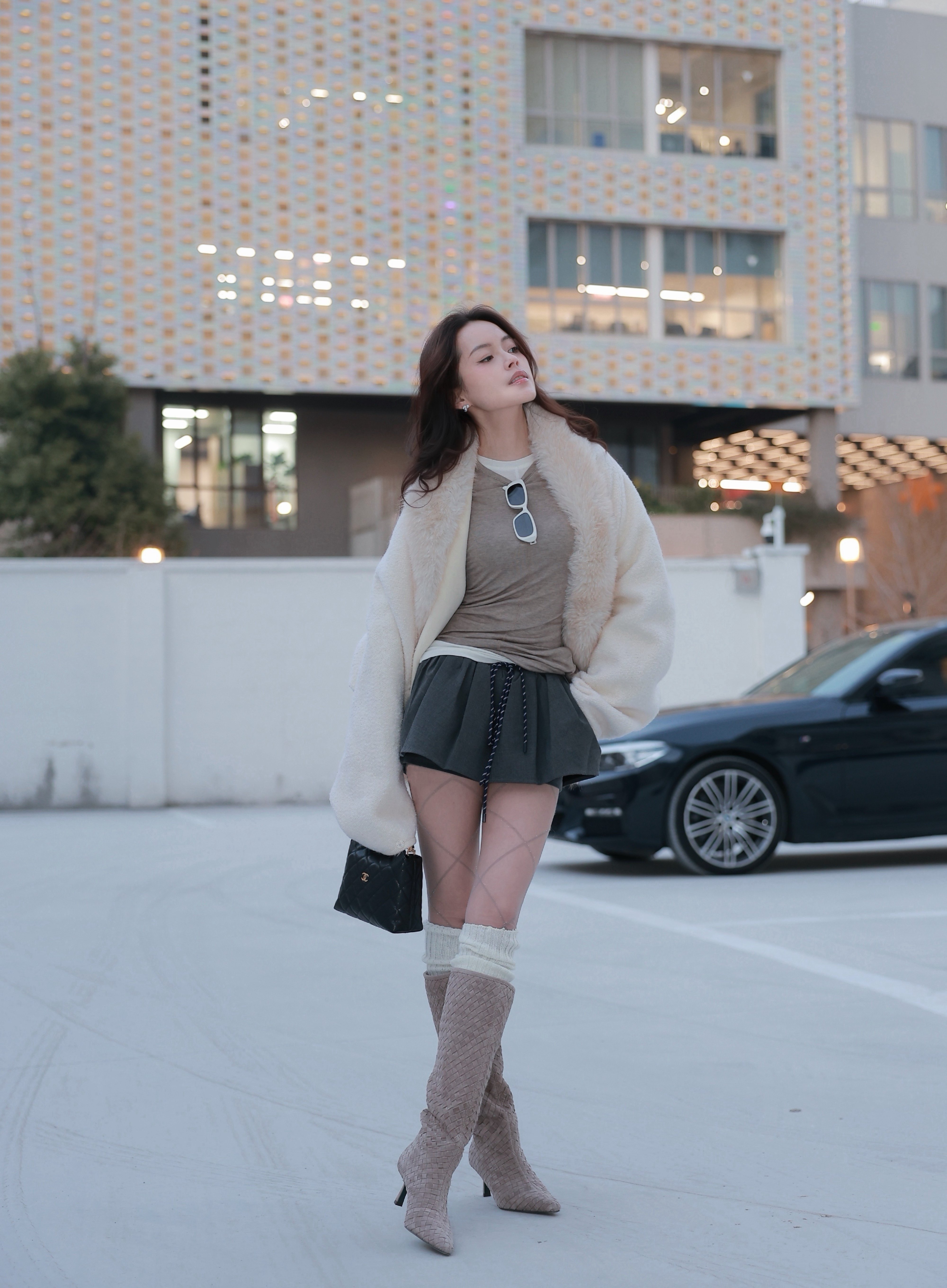 Le' Murmure冬季时尚羊反绒长筒靴堆堆设计慵懒随性 高跟拉长腿部比例