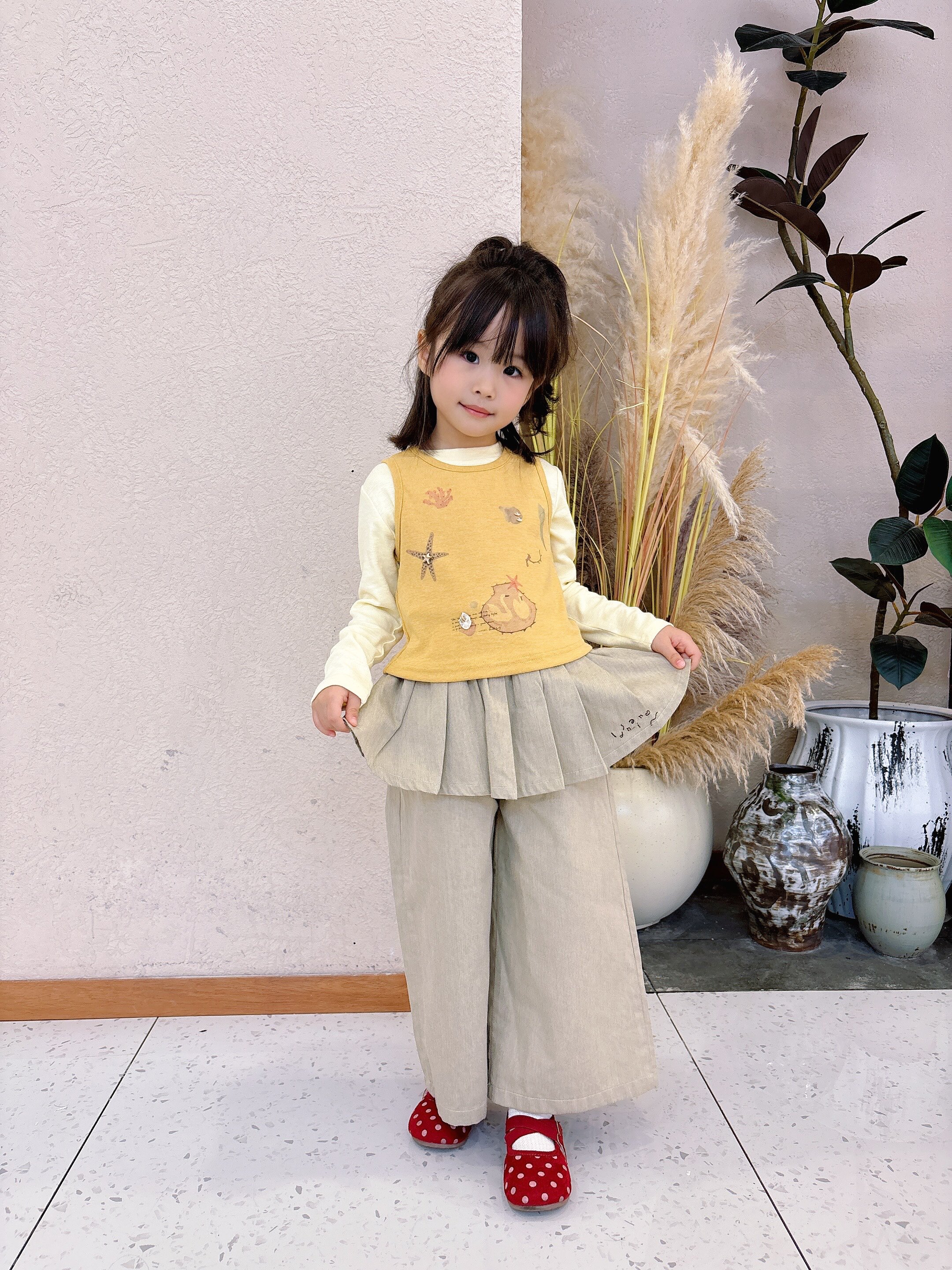 Customer photo for Layered Top + Skirt-Panel Pants (3-Piece), 110cm