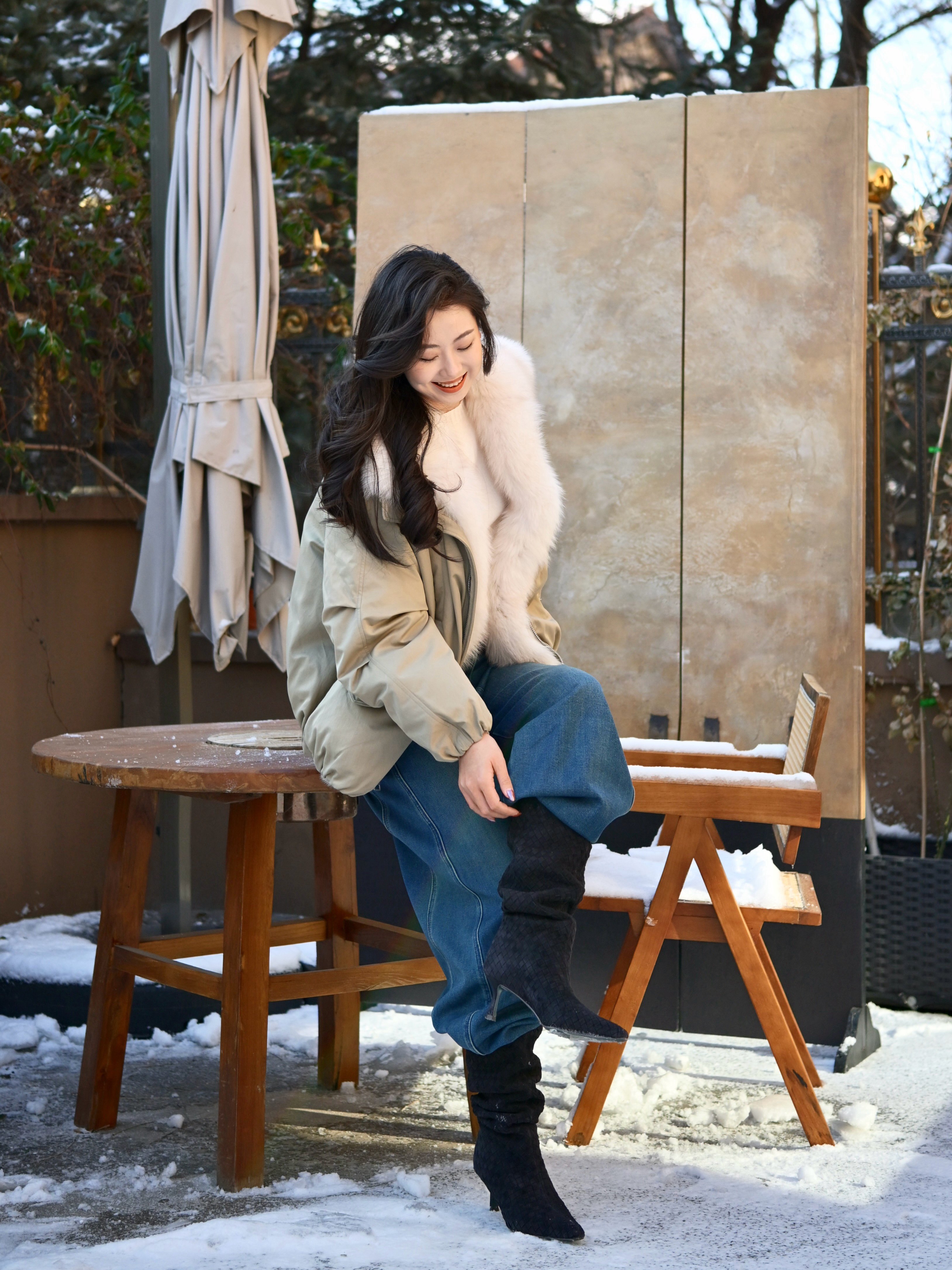 Le' Murmure冬季时尚羊反绒长筒靴堆堆设计慵懒随性 高跟拉长腿部比例