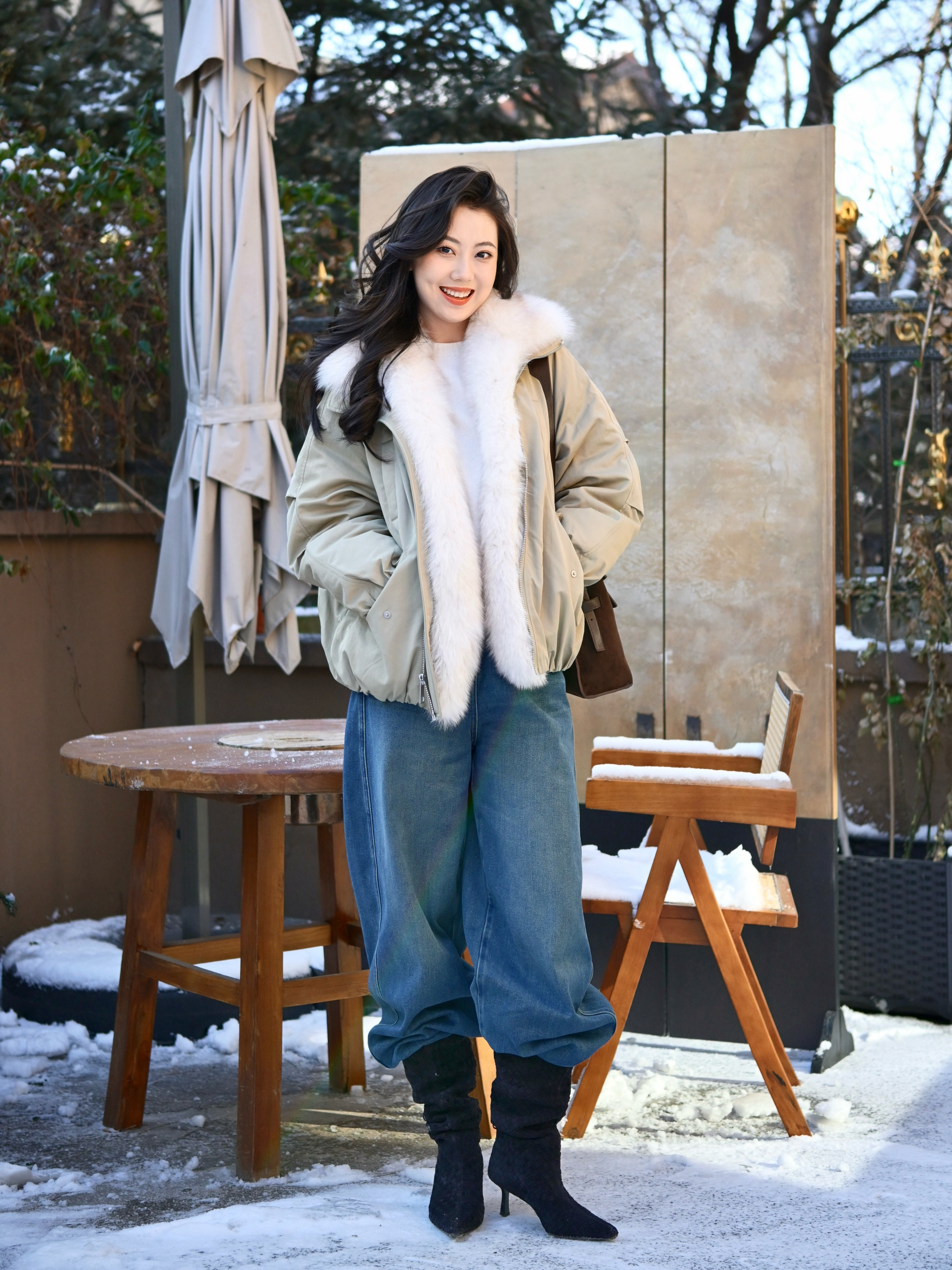 Le' Murmure冬季时尚羊反绒长筒靴堆堆设计慵懒随性 高跟拉长腿部比例